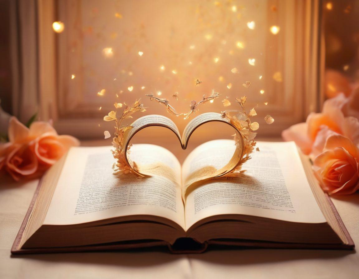 A serene and inviting space symbolizing intimacy and learning, featuring an open book with soft glowing light emanating from its pages. Surrounding the book are delicate symbols of sexual literacy, such as hearts and intertwined rings, along with abstract representations of connection and understanding. The background is a gentle gradient of warm colors to create a cozy atmosphere. hint of nature with soft petals or leaves around the book. super-realistic. warm tones. ethereal lighting.
