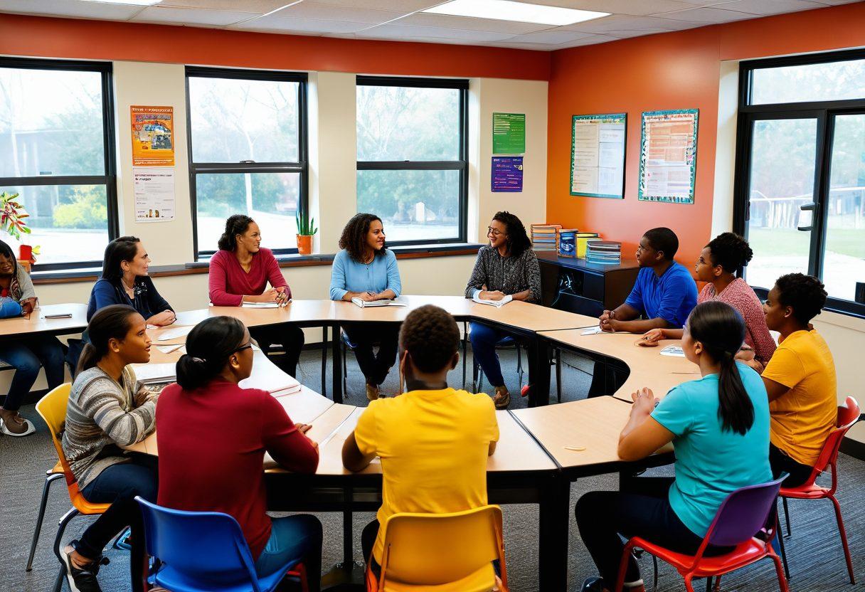 A vibrant adult classroom scene, showcasing a diverse group of learners engaging in intimate discussions. Include various cultural artifacts, books on intimacy, and a multi-ethnic instructor facilitating the conversation. Emphasize warmth, inclusivity, and the exchange of ideas with respectful body language. Bright, engaging colors to reflect a positive learning environment. super-realistic. vibrant colors.