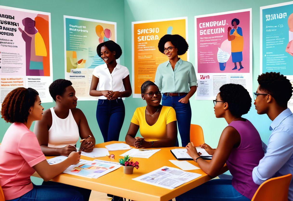 A dynamic scene depicting a diverse group of adults engaged in an interactive workshop on sexual education, surrounded by educational posters and supportive materials. The setting is warm and inviting, with each person expressing openness and curiosity. Emphasize connection and empowerment through body language and expressions, with a blend of modern and traditional elements to reflect inclusivity. bright colors. illustration. 3D-rendered.